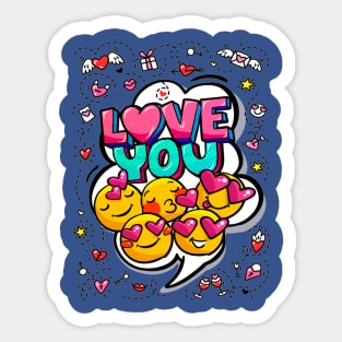 Love you word bubble. Message in pop art comic style with hand drawn hearts and emoji smiles. Sticker